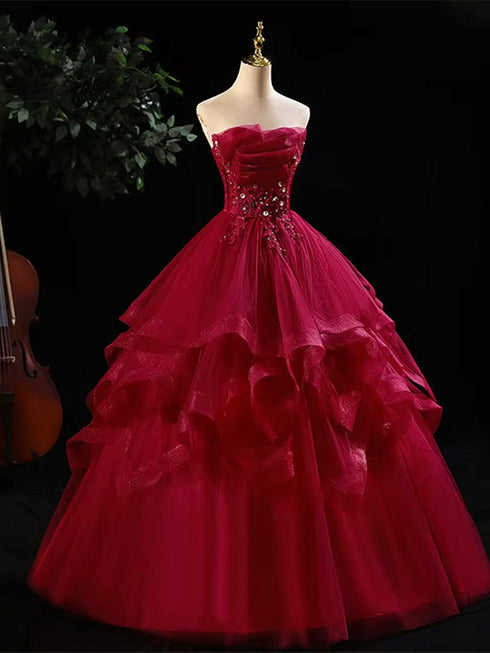 Wine Red Tulle A-line Beaded Straps Evening Dress, Wine Red Tulle Long Prom Dress